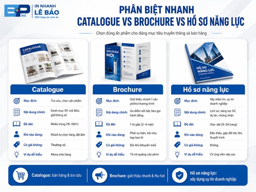 Phân biệt catalogue, brochure và hồ sơ năng lực - mục đích, nội dung chính, độ dài và khi nào dùng