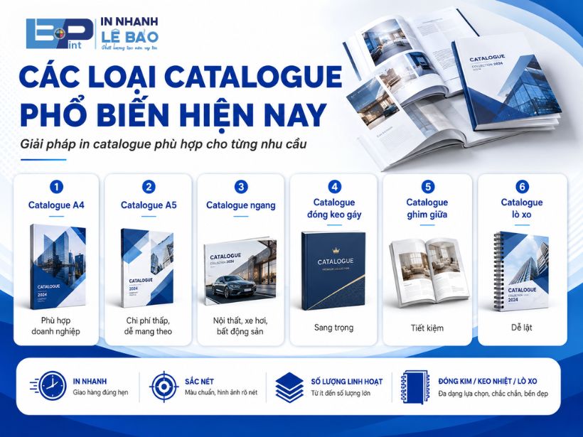 Các loại catalogue phổ biến: catalogue A4, A5, ngang, đóng keo gáy, ghim giữa, lò xo