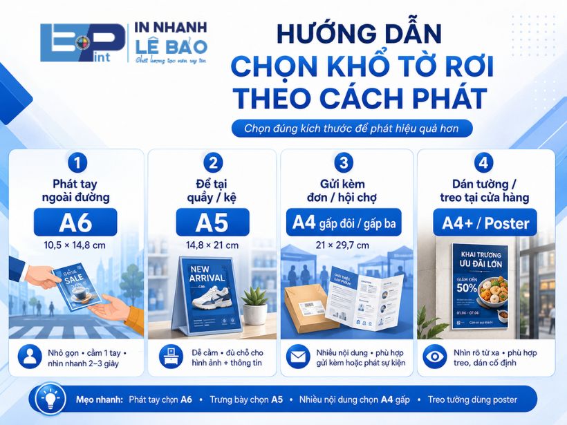 Hướng dẫn chọn khổ tờ rơi theo cách phát: phát tay ngoài đường A6, để quầy A5, gửi kèm đơn hội chợ A4 gấp, dán tường treo cửa hàng A4 poster