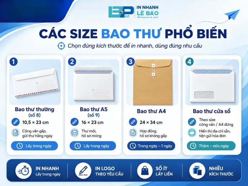Các size bao thư phổ biến: bao thư thường số 8 10,5x23, A5 số 9 16x23, A4 24x34, bao thư cửa sổ