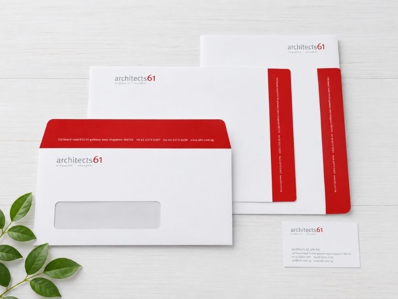Bộ nhận diện đồng bộ: bao thư, giấy tiêu đề và name card in cùng một logo cho doanh nghiệp