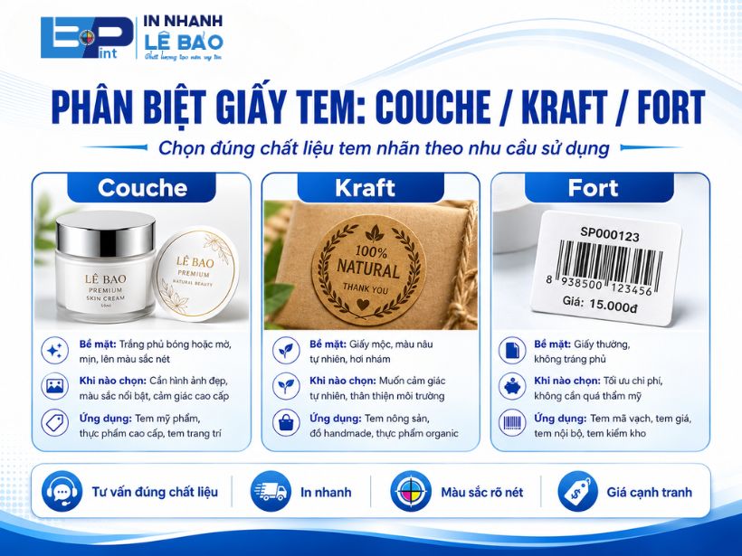 Phân biệt giấy tem Couche, Kraft, Fort - bề mặt, khi nào chọn và ứng dụng của từng loại tem giấy