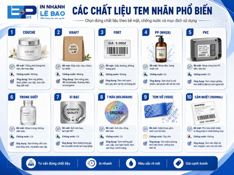 Bảng các chất liệu tem nhãn phổ biến: Couche, Kraft, Fort, PP, PVC, decal trong, xi bạc, 7 màu, tem vỡ, cảm nhiệt và khả năng chống nước