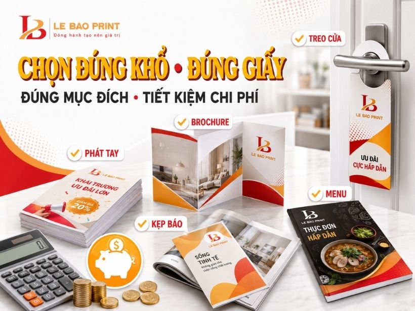 Hướng dẫn chọn khổ tờ rơi theo cách phát: phát tay ngoài đường A6, để quầy A5, gửi kèm đơn hội chợ A4 gấp, dán tường treo cửa hàng A4 poster